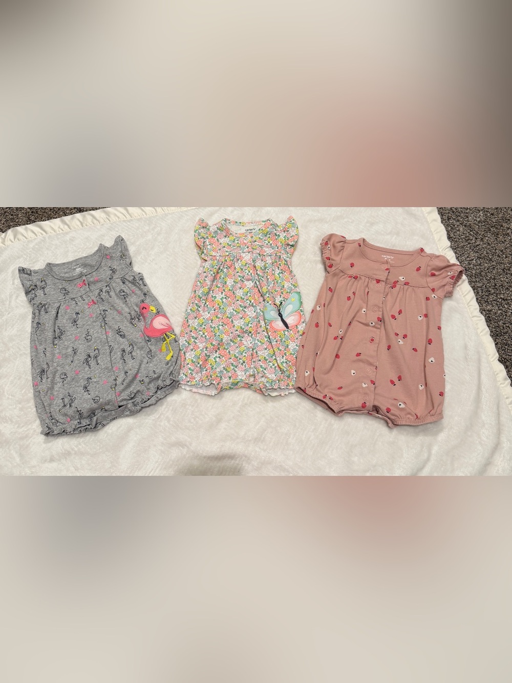 Carter's Pink, Gray, Multicolor Baby Romper Set with Butterfly & Flamingo